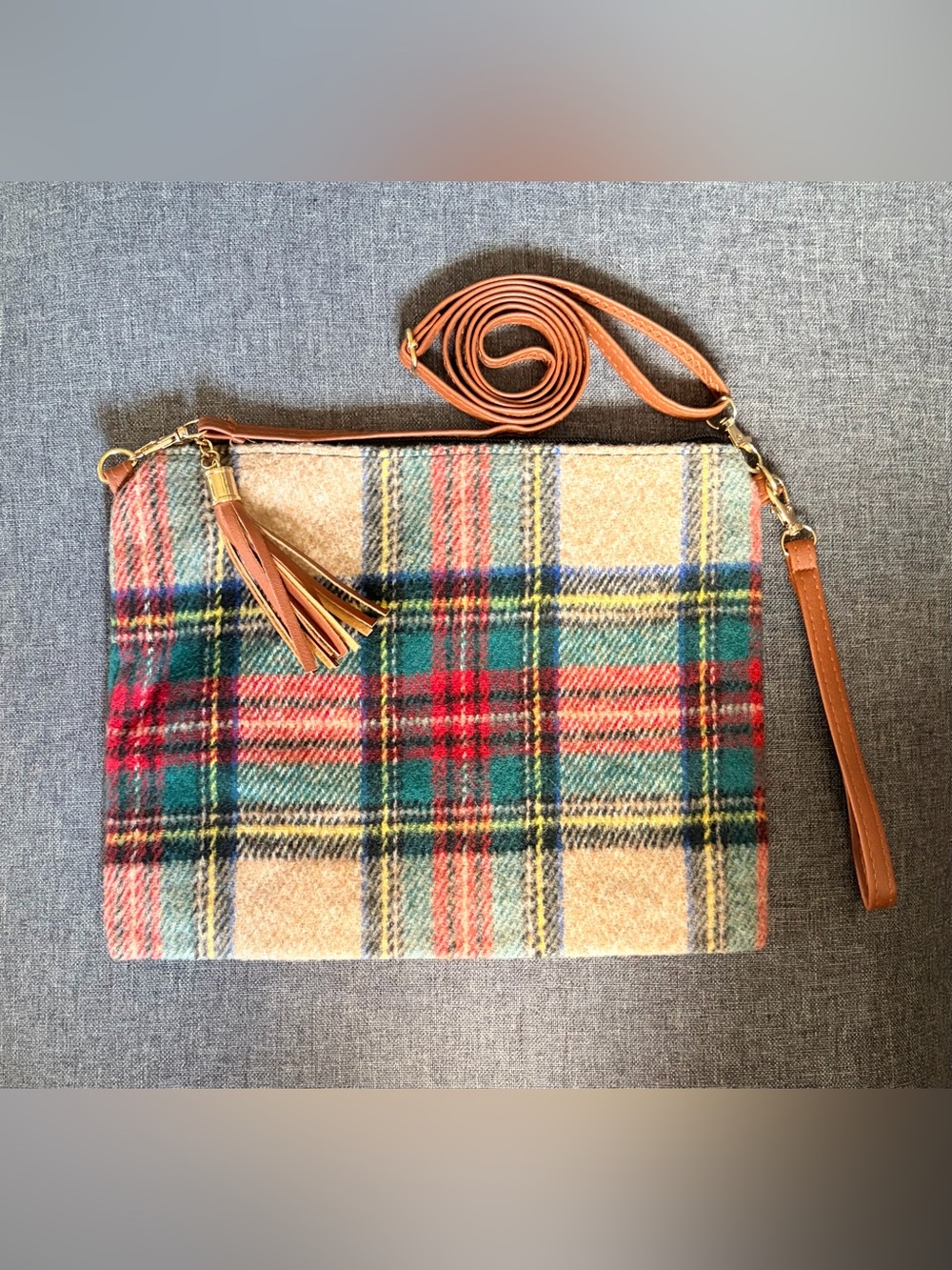 Plaid Wool Crossbody Clutch with Tan Leather Trim